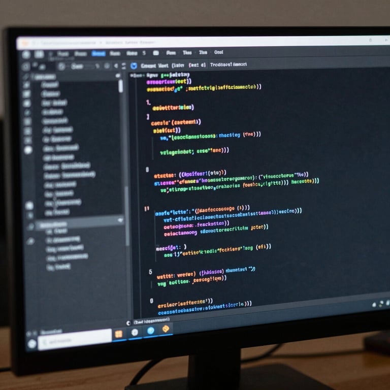 Close-up of a high-resolution monitor showing lines of code in a clean, dark-themed editor, professional soft lighting.
