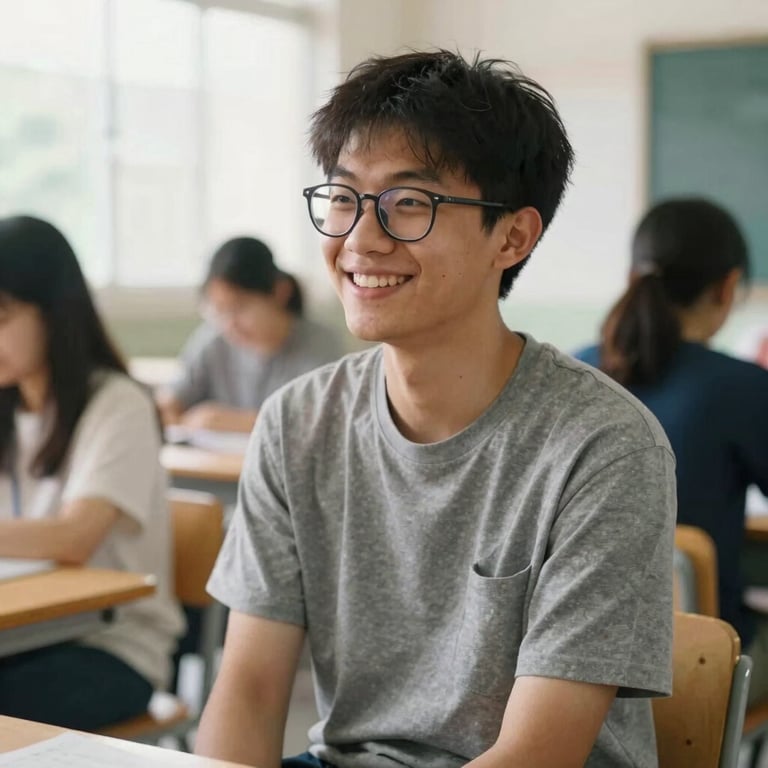 A young man with glasses smiling warmly, sitting in a community center, soft daylight.