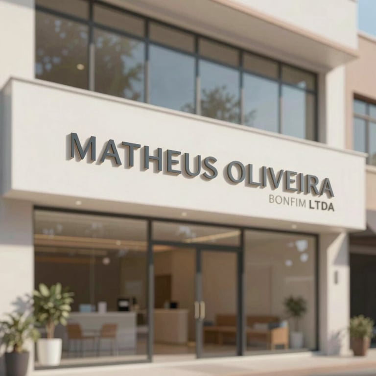 The minimalist clinic facade showing the name MATHEUS OLIVEIRA BONFIM LTDA in a sophisticated font.