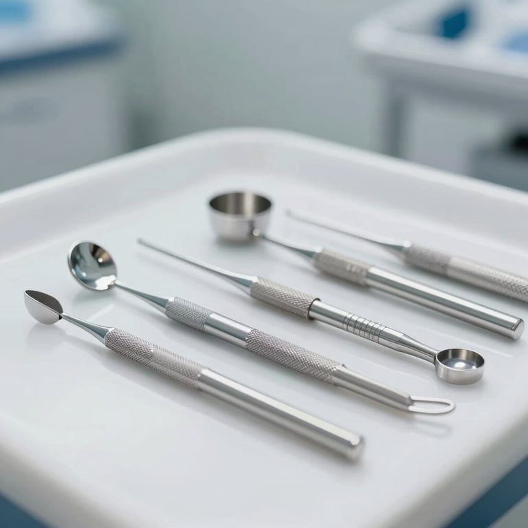 An organized display of sterile, high-end dental tools on a white surface, reflecting professionalism.