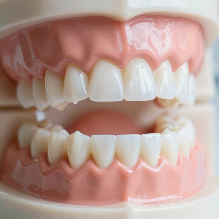 A macro shot of a dental model for patient education, clean and bright aesthetics.
