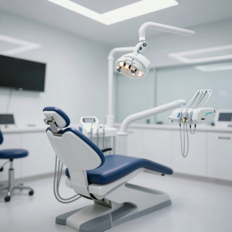 Interior shot of a high-tech dental operatory with a modern chair and ergonomic design using #2C3E50 accents.