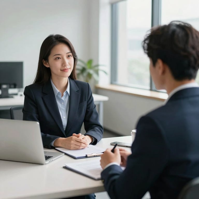 A candidate being interviewed by two recruiters in a professional North American / US office environment, natural light.