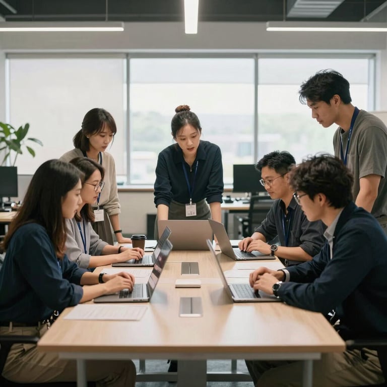A group of focused professionals collaborating around a large table in a bright North American / US workspace.