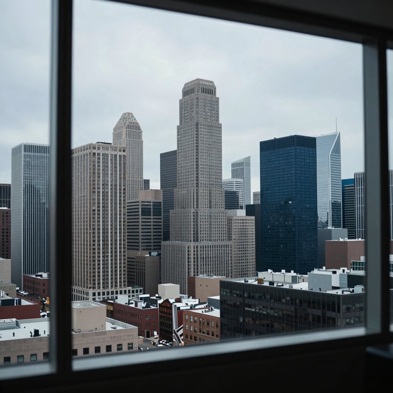 A wide-angle view of a modern North American / US city skyline through a corporate office window, featuring Mist Gray and Deep Midnight Blue tones.