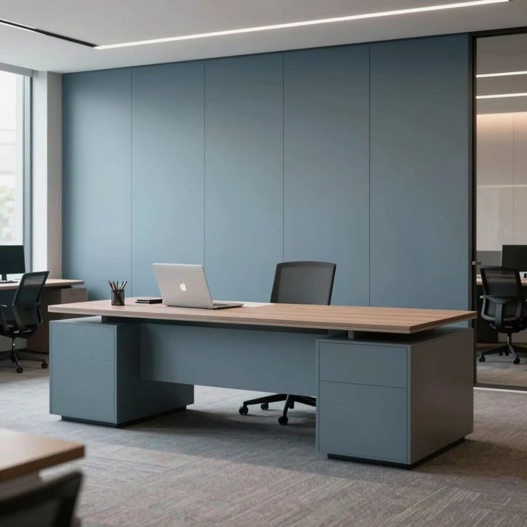 Minimalist modern office furniture in Ocean Slate within a sleek North American / US corporate suite.