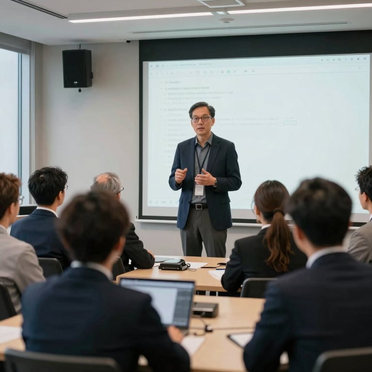 A professional presenting to a small group in a modern North American / US conference room with high-tech equipment.