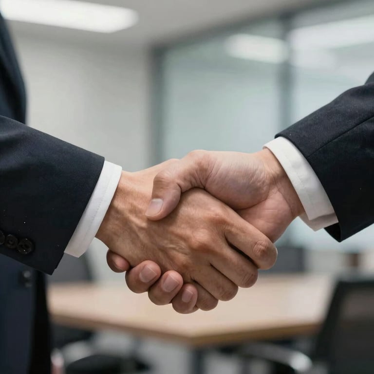 A close-up shot of a professional handshake in a North American / US office setting, symbolizing a successful partnership.