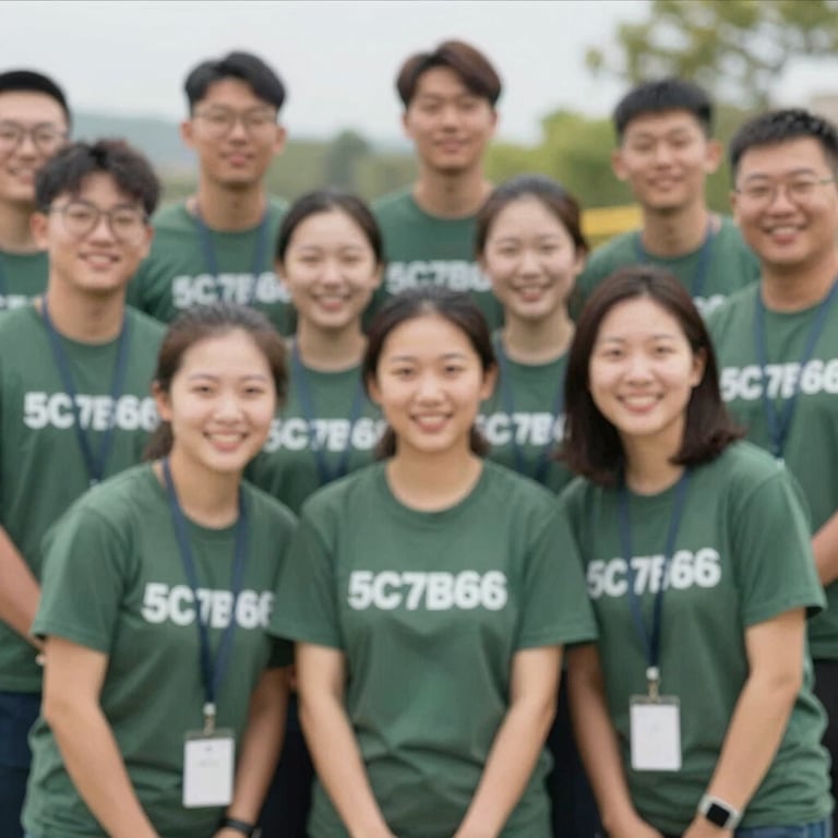 A group of volunteers in #5C7B6C shirts smiling together during a rescue event, showing community support.