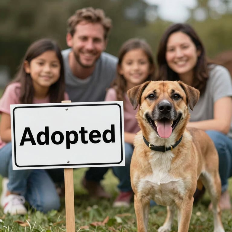 An 'Adopted' sign held next to a happy rescue dog and their new family, showcasing a successful match.