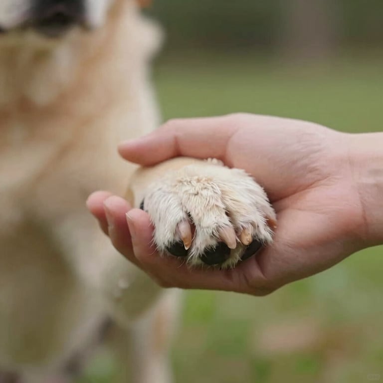 Close-up of a human hand gently holding a dog's paw, emphasizing the bond and respect between humans and animals.