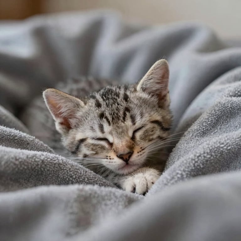 A small kitten sleeping peacefully on a soft blanket colored #A4BBAA, symbolizing safe shelter and rest.