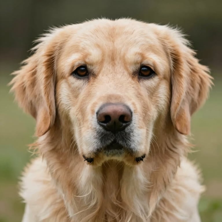 A close-up portrait of a rescued golden retriever with soulful, dignified eyes, reflecting a professional and hopeful atmosphere.