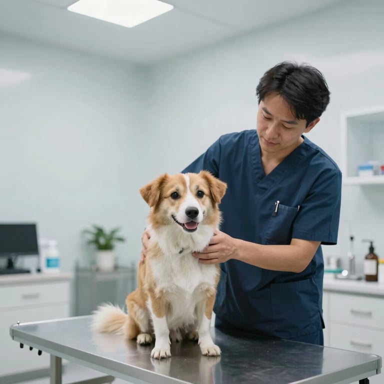 A clean, modern veterinary examination room where a rescue animal is receiving medical care with compassion.