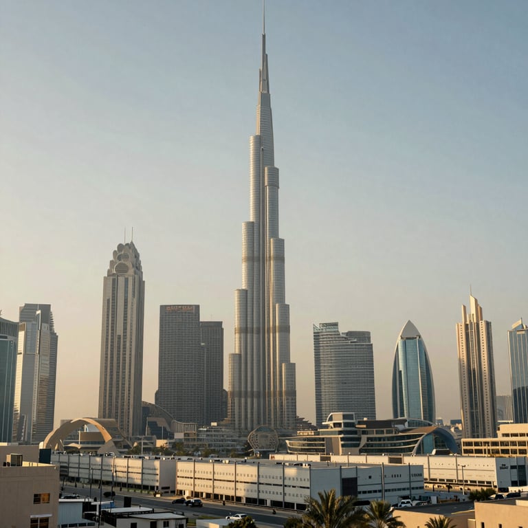 The modern skyline of Dubai, representing the UAE warehouse partnership, captured in professional photography. Soft warm light with Steel Blue accents.