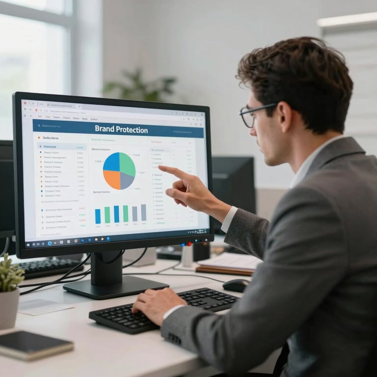 A business professional in a North American / Global Turkish office environment reviewing brand protection data on a large monitor. Soft Pearl Grey tones.