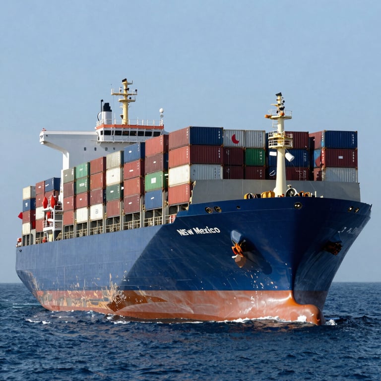 A large container ship at sea, symbolizing global shipping and the connection between New Mexico, UAE, and Japan. Steel Blue atmosphere.