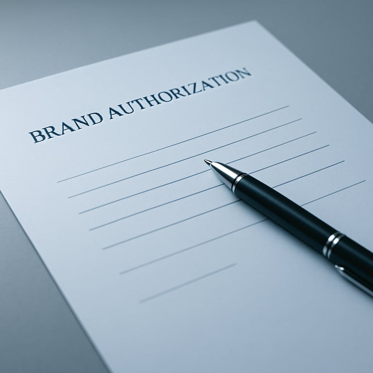 Close-up of a formal brand authorization document on a clean desk with a modern pen. Muted Blue-Grey lighting.