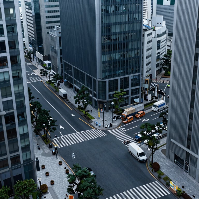 High-angle shot of a modern city street in Tokyo, representing the Japan logistics hub, with clean and modern architecture. Dark Slate Blue tones.