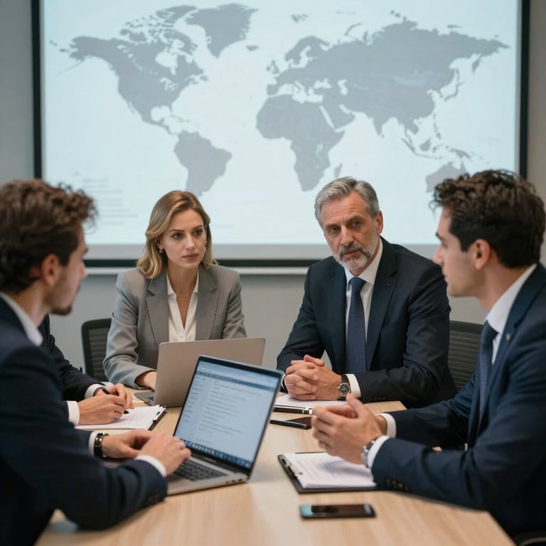 A professional team in a North American / Global Turkish corporate setting discussing e-commerce strategy. Professional attire, trustworthy mood.