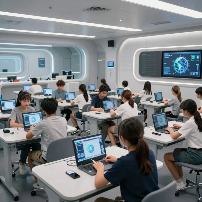 A wide shot of a futuristic urban classroom where students use gesture-based technology. Global / Modern design.