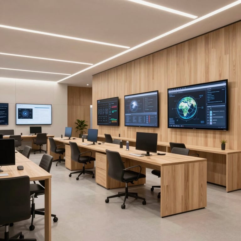 An innovative coworking space with clean lines, light wood, and various digital screens showing AI analysis. Global / Modern.