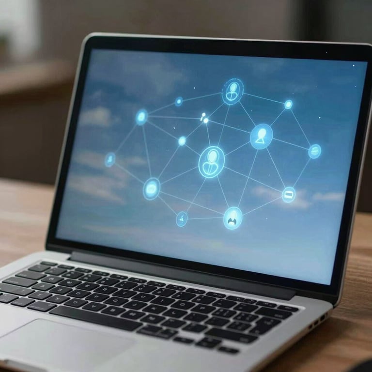 Close-up of a professional looking at a laptop screen reflecting a sky blue digital network. Global / Modern atmosphere.