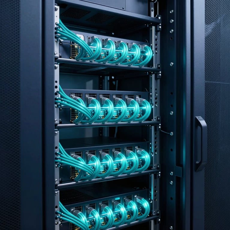 A high-tech server room with glowing teal cables and dark blue metal architecture. Global / Modern.