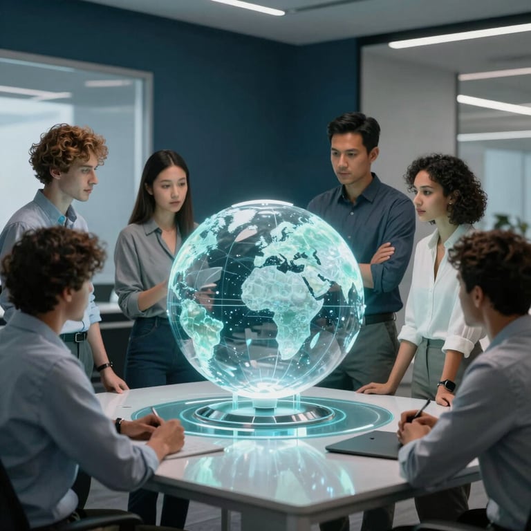 A diverse group of professionals collaborating around a futuristic glass screen in a dark blue and light teal office. Global / Modern style.