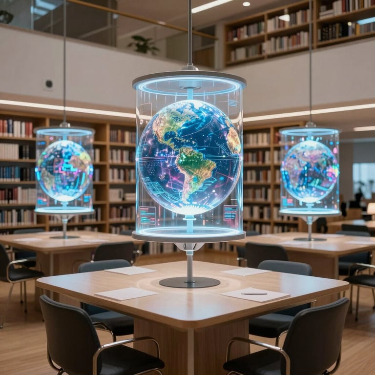 A minimalist modern library with digital holographic displays hovering above study desks. Global / Modern setting.