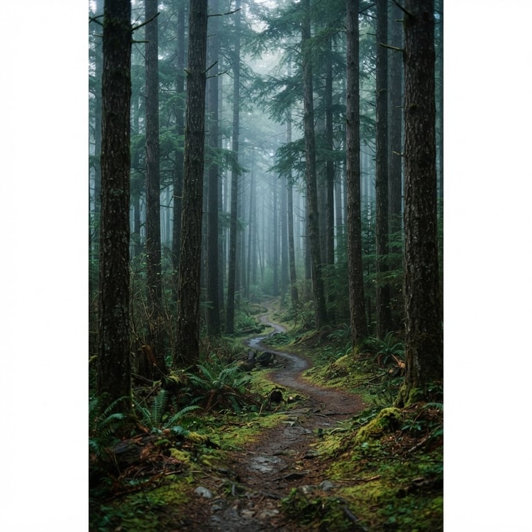 Vertical portrait of a quiet misty forest path winding through towering pine trees, soft filtered morning light, mossy ground, deep green tones, editorial photography style