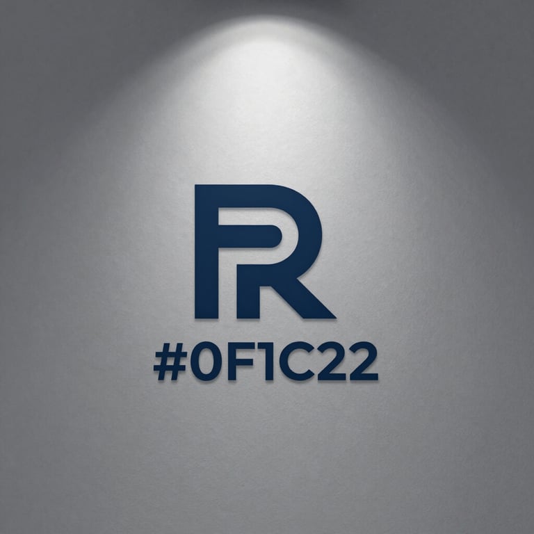 A sleek corporate logo design on a textured gray wall, lit by a spotlight, featuring #0F1C2E tones.