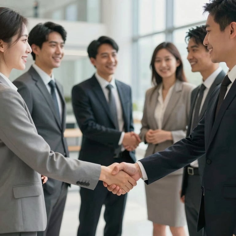 A group of diverse business leaders in a professional handshake, captured in a bright, modern lobby.