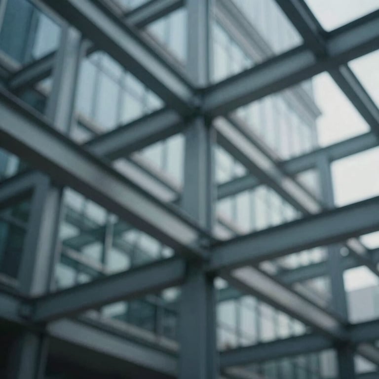 An abstract architectural shot of steel beams and glass, emphasizing structural strength and vision.