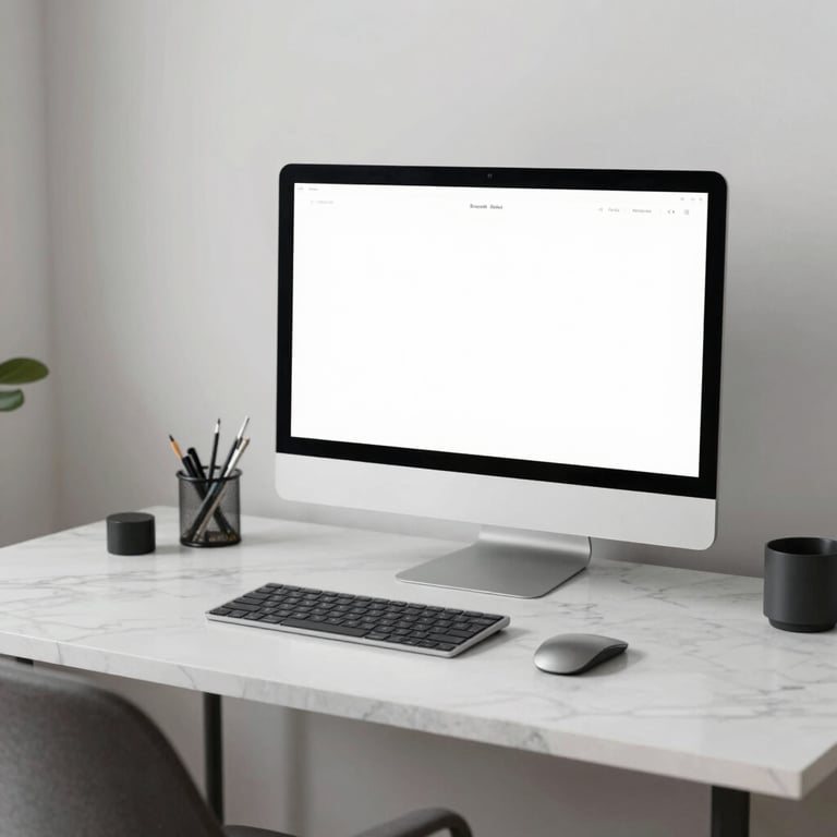 A minimalist home office setup with high-end tech and a clean marble desk, embodying professional focus.