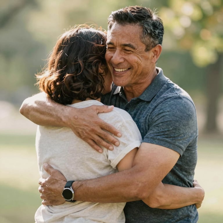 A smiling man in his 50s embracing his wife, radiating natural energy in a warm, family setting