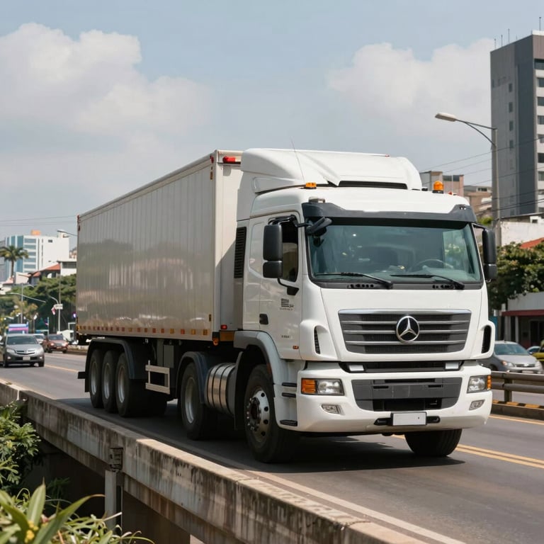 A heavy-duty truck crossing a bridge in a major South American metropolitan area.