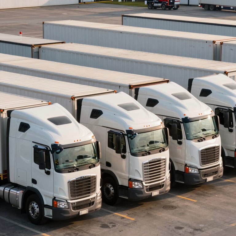 Fleet of white semi-trucks parked neatly at a logistics terminal during sunrise.