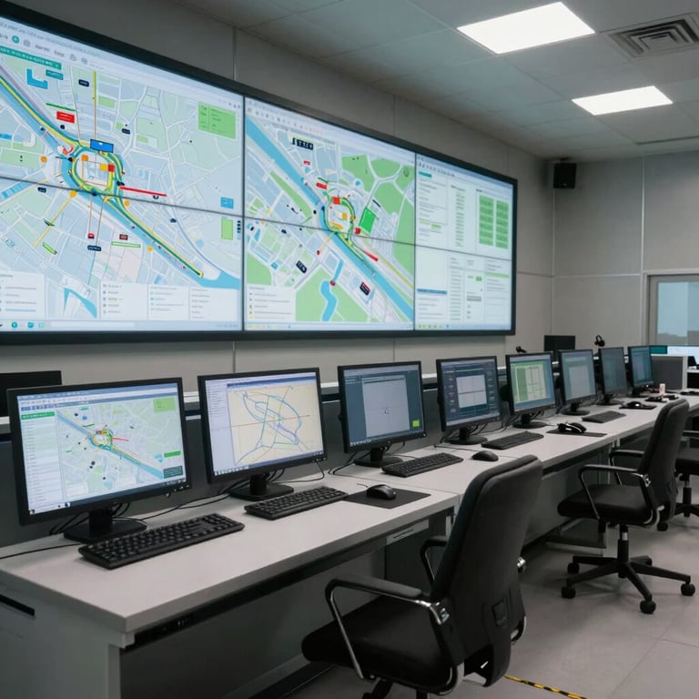 Interior of a high-tech logistics control center with maps and monitors.