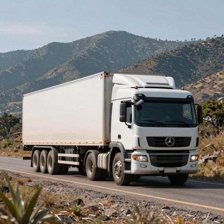 Modern cargo truck traveling through a South American mountain range under a clear sky.