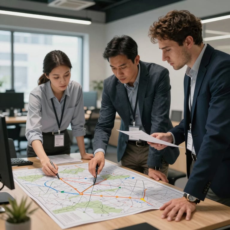 Professional logistics team discussing a route map in a modern office.