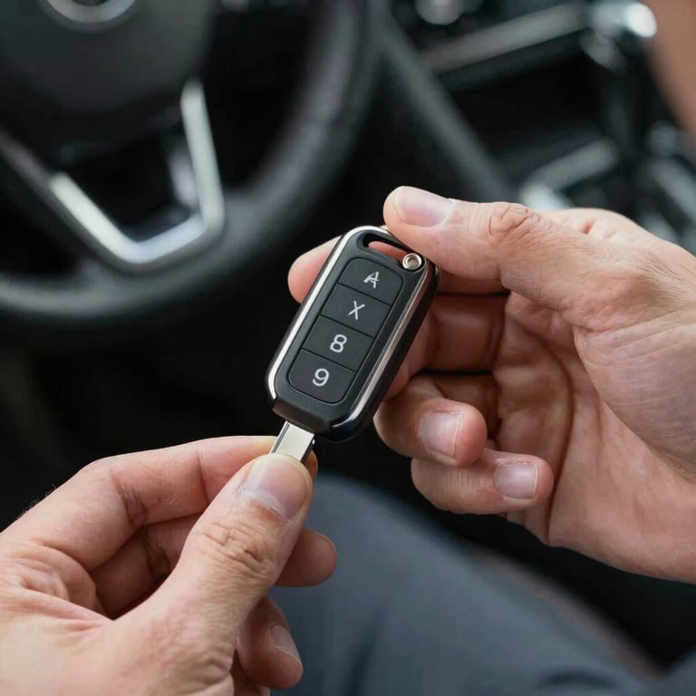 A technician's hands holding a newly cut and programmed car key with a sleek modern design.