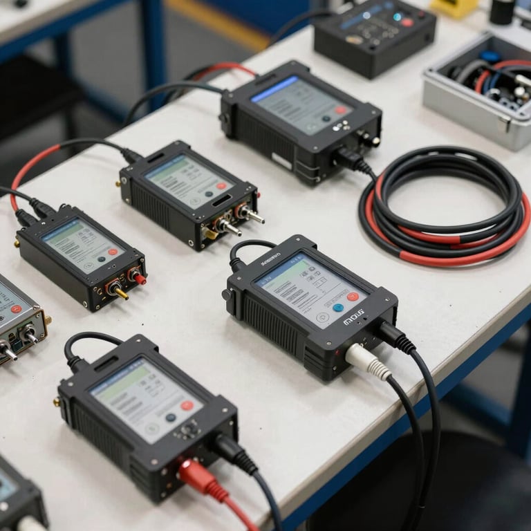 An organized workbench with automotive electronic modules and diagnostic cables in a steel blue and off-white setting.