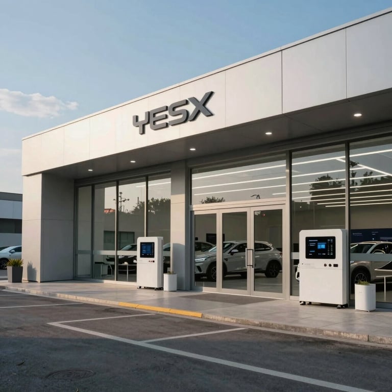 Exterior of a modern automotive electronics center in Southern Europe under clear daylight.