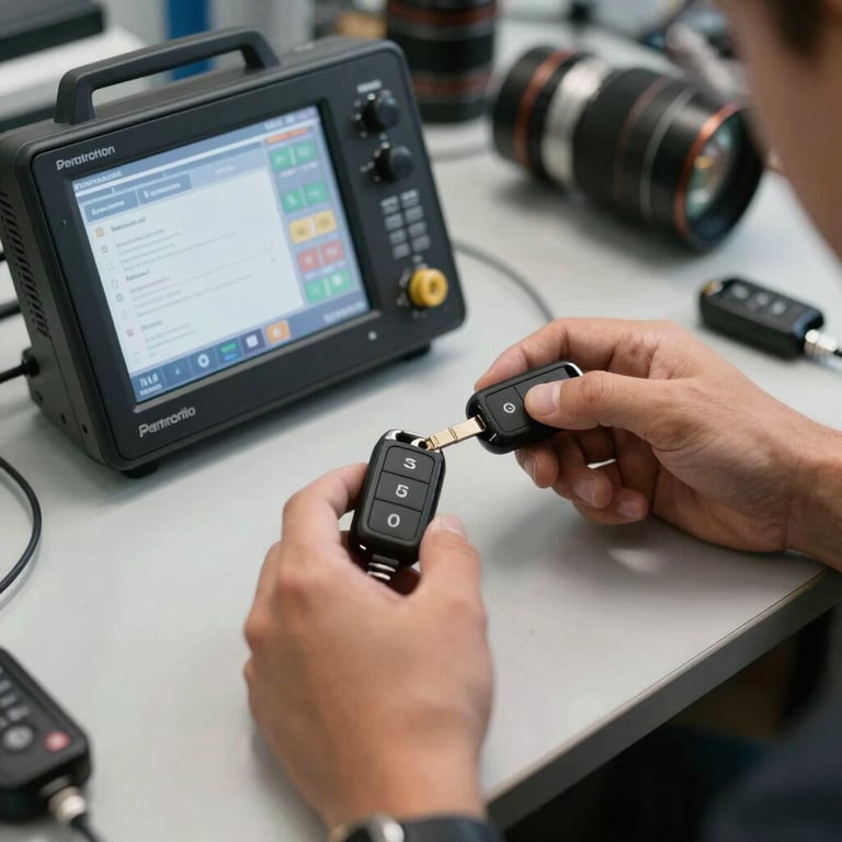 A technician programing a modern car key fob using a professional digital device in a Southern European workshop.