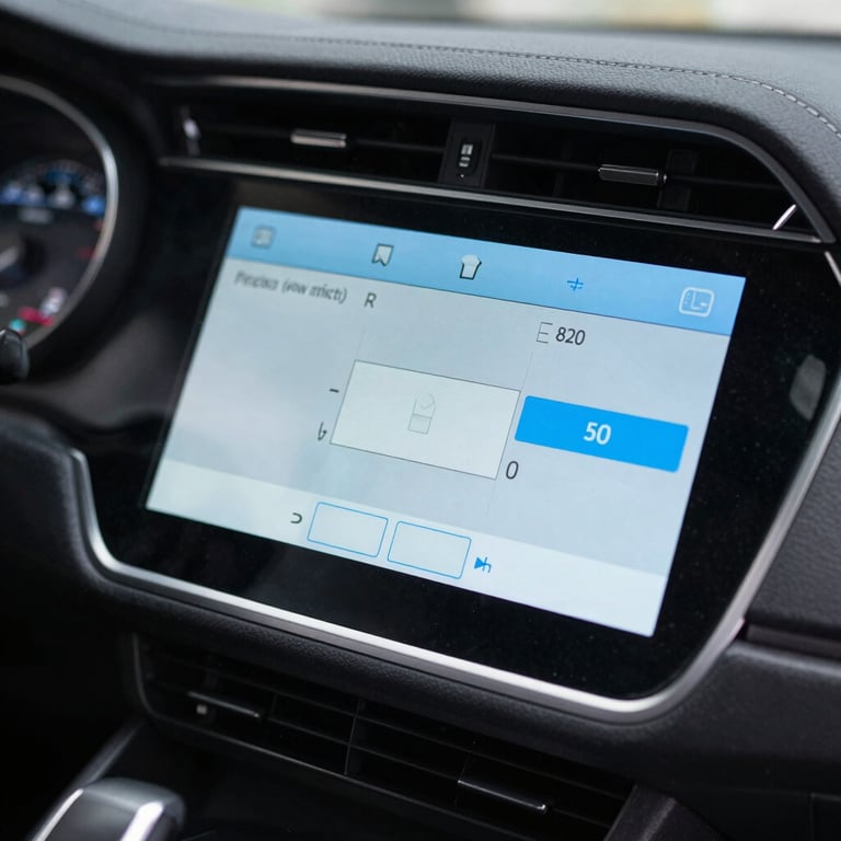 Detailed view of a vehicle dashboard display showing a system check with sky blue interface indicators.