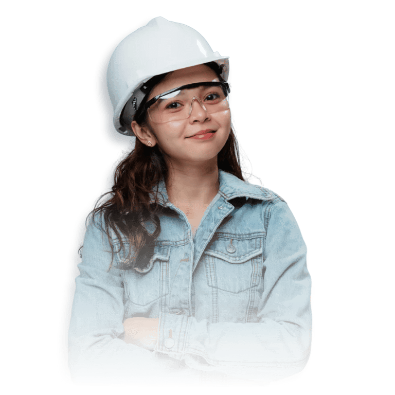 an engineer woman in a white helmet