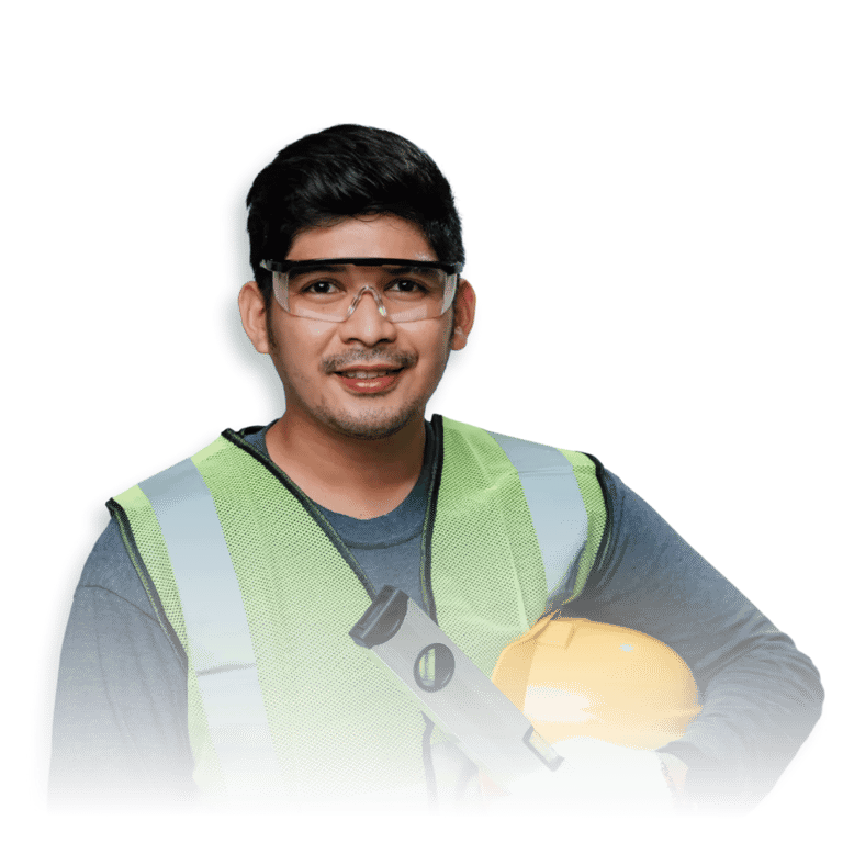 a man in a safety vest holding a measurement tool and a hard hat