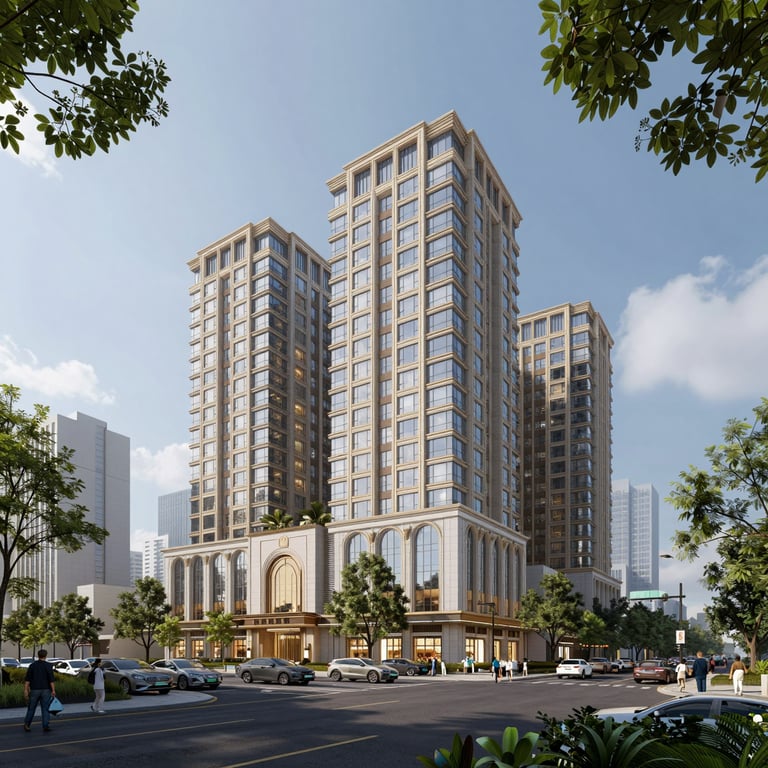 architectural render of an upscale hotel building in the city