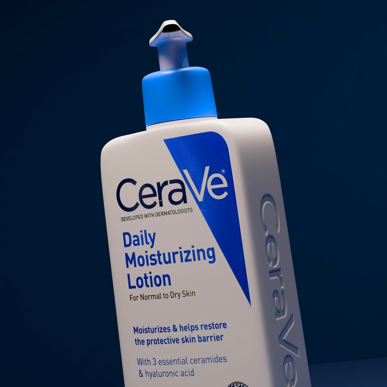 A frontal angle view of the 3D bottle of CeraVe lotion that can be used in advertisement
